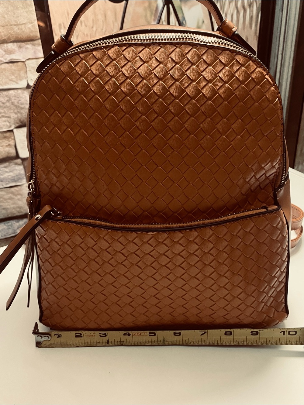 Woven Leather-Style Backpack - Brown Vegan leather